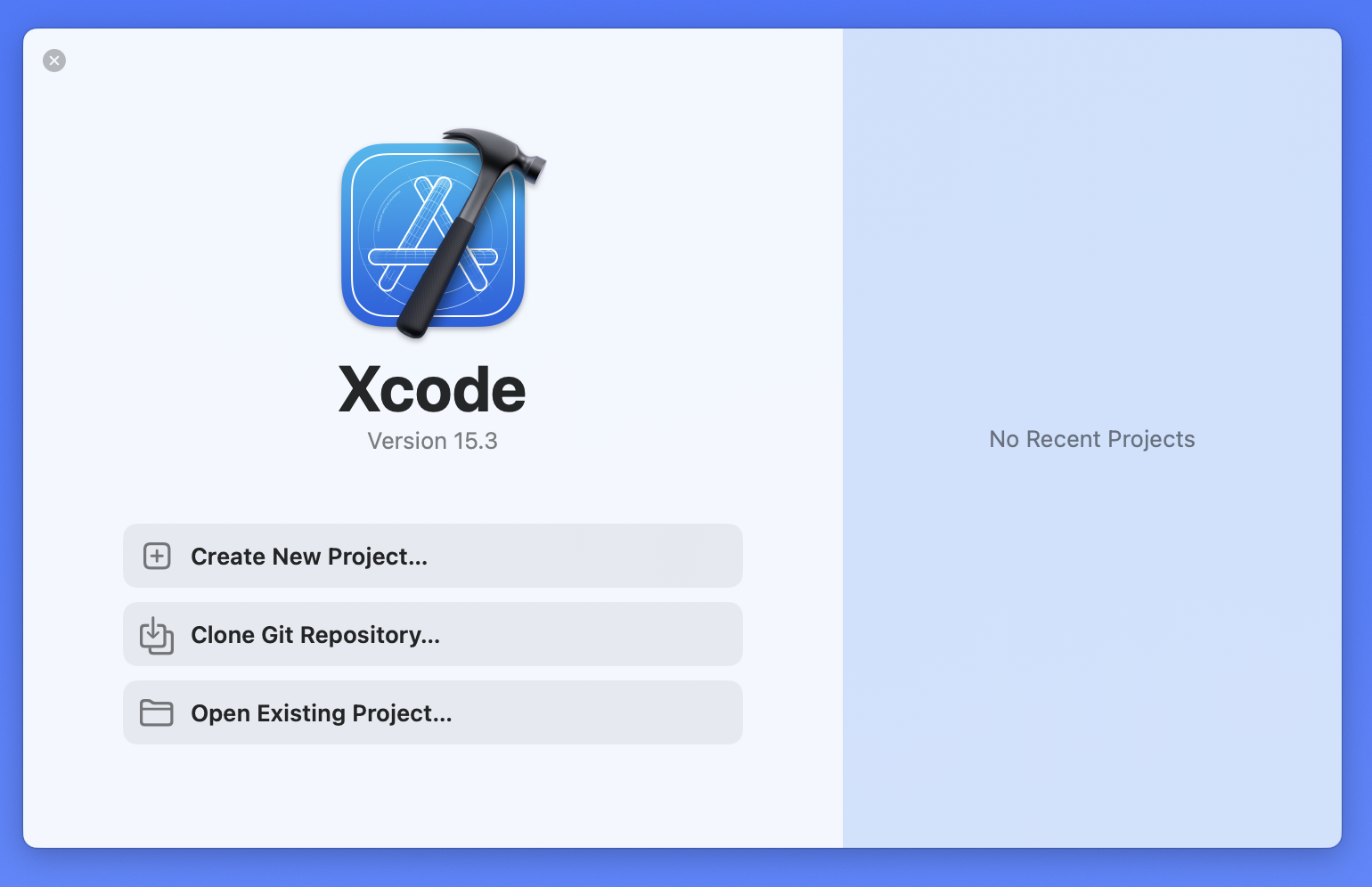 Fenêtre de lancement de Xcode