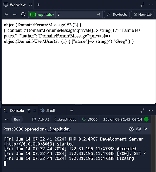 Capture d'écran avec le résultat du run à partir du code précédent