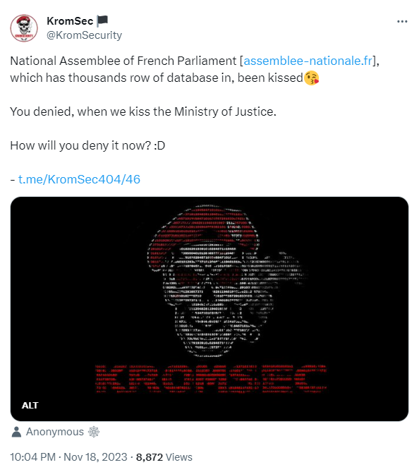 Example of a claim from a campaign targeting the National Assembly by the hacktivist group KromSec.