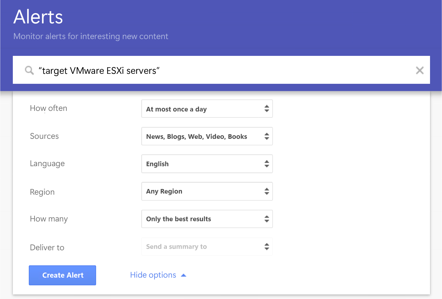 Google Alerts interface with frequencies, sources, language, region, number of results, send to.