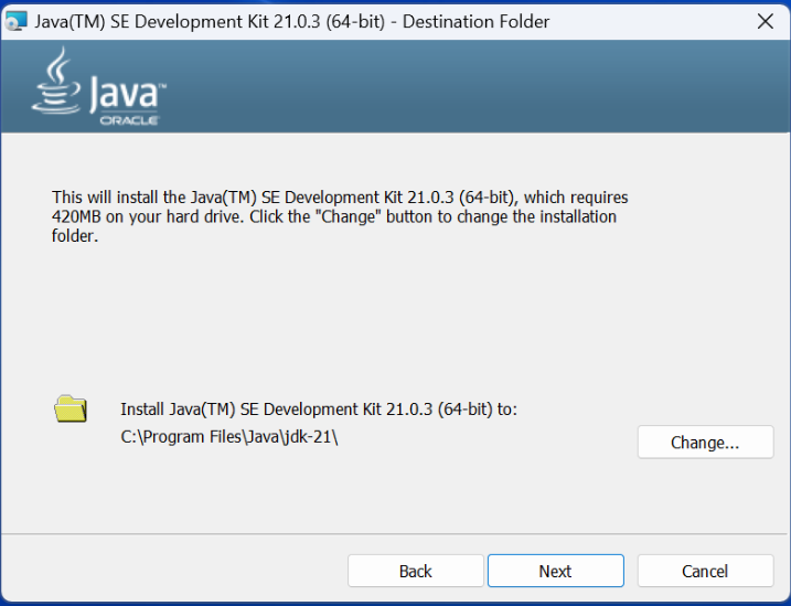 Écran de sélection du dossier de destination pour l'installation du Java SE Development Kit 21.0.3 (64 bits).