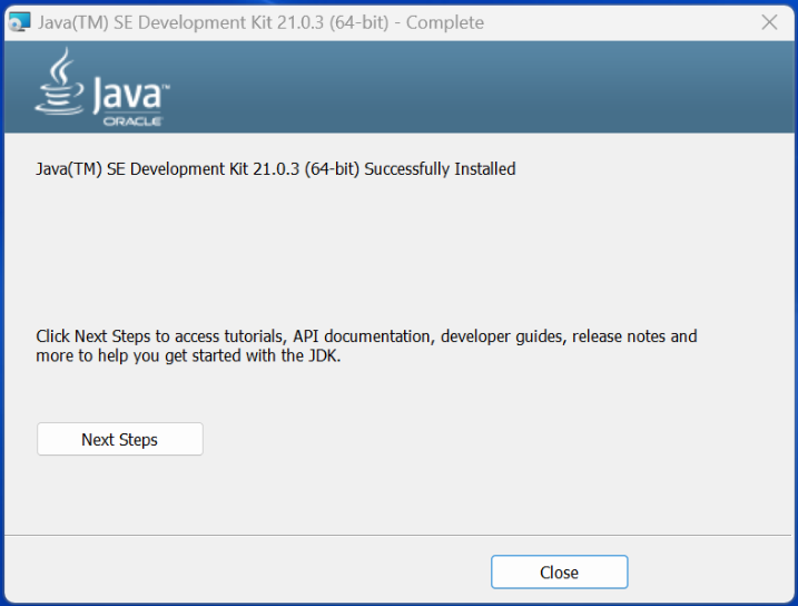 Écran de confirmation de l'installation du Java SE Development Kit 21.0.3 (64 bits).