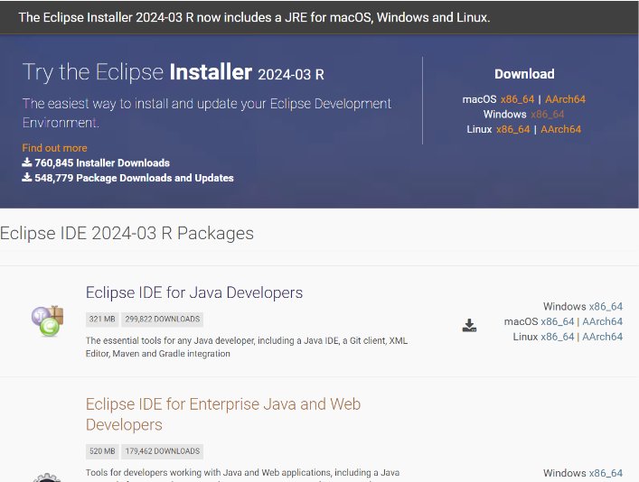 Page de téléchargement pour l'installateur Eclipse 2024-03 R.