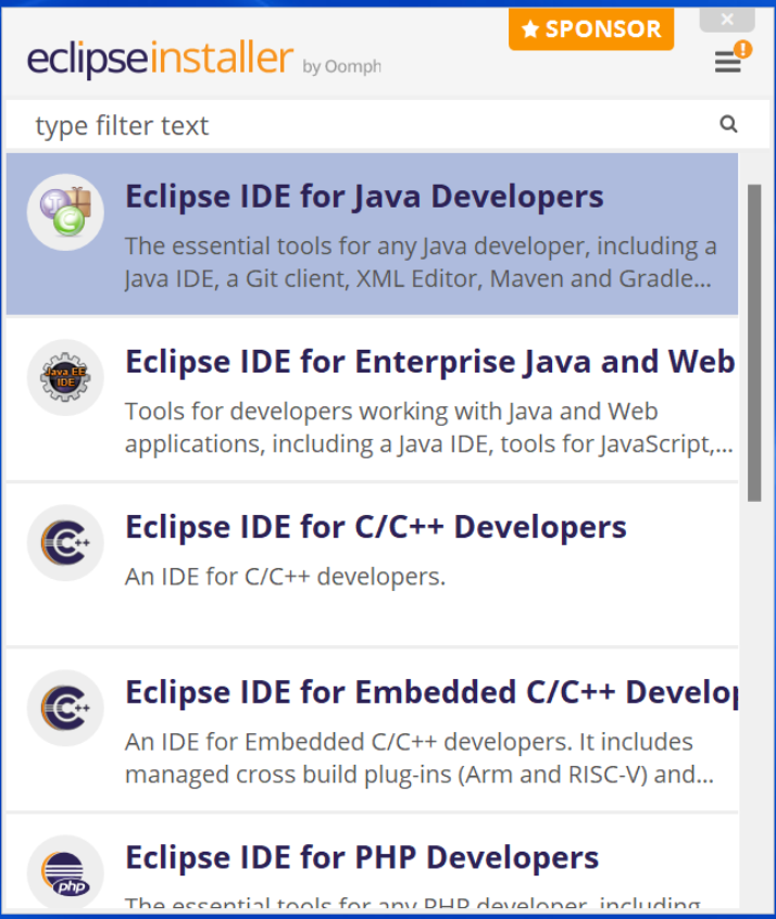 Écran de sélection des paquets dans l'installateur Eclipse.