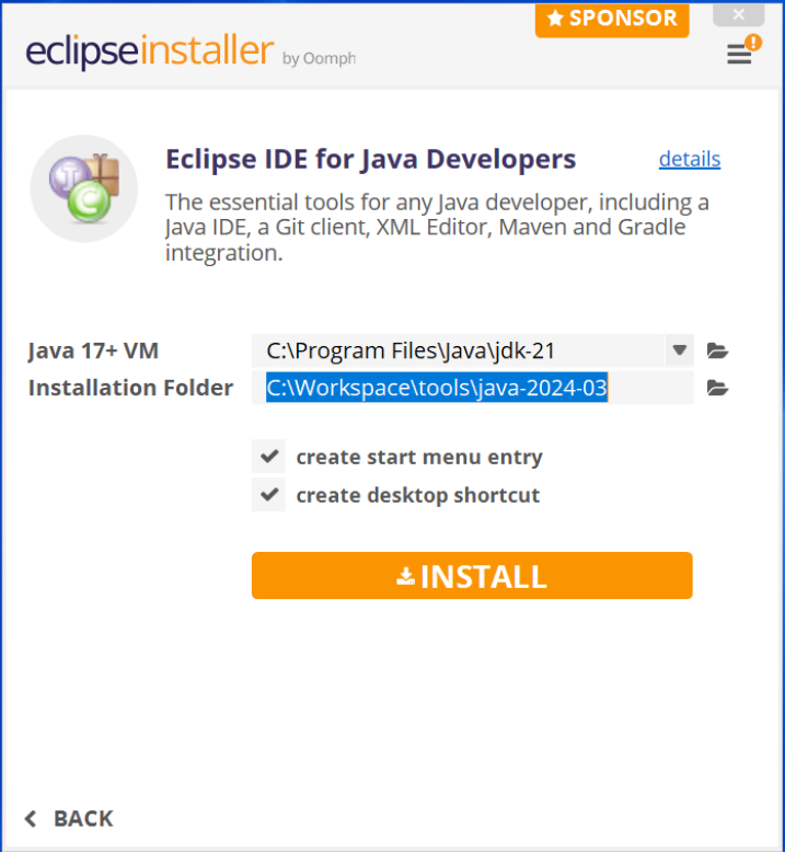 Écran de configuration d'installation de l'IDE Eclipse pour les développeurs Java.