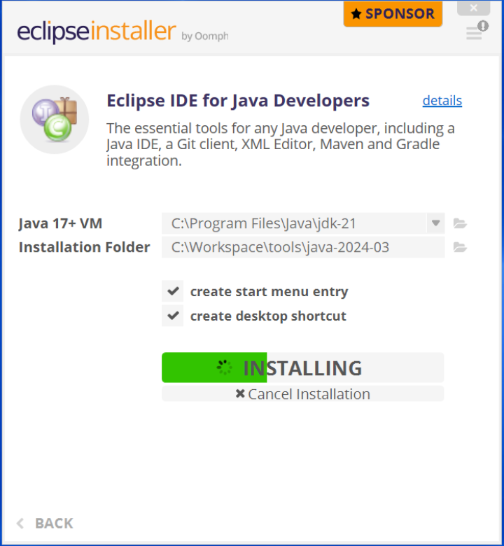 Écran de progression d'installation de l'IDE Eclipse pour les développeurs Java.