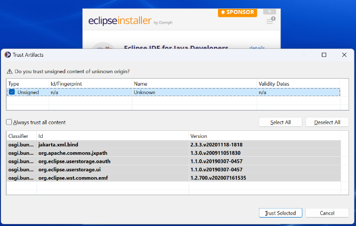 Écran de confirmation de confiance pour les contenus non signés lors de l'installation d'Eclipse.