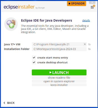 Écran final de l'installateur Eclipse pour les développeurs Java.