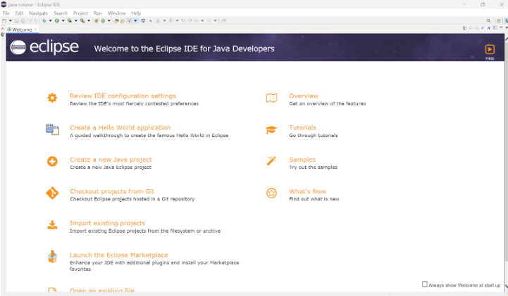 Écran d'accueil de l'IDE Eclipse pour les développeurs Java.