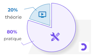 Une graphique circulaire démontrant une répartition de 20% théorie et 80% pratique