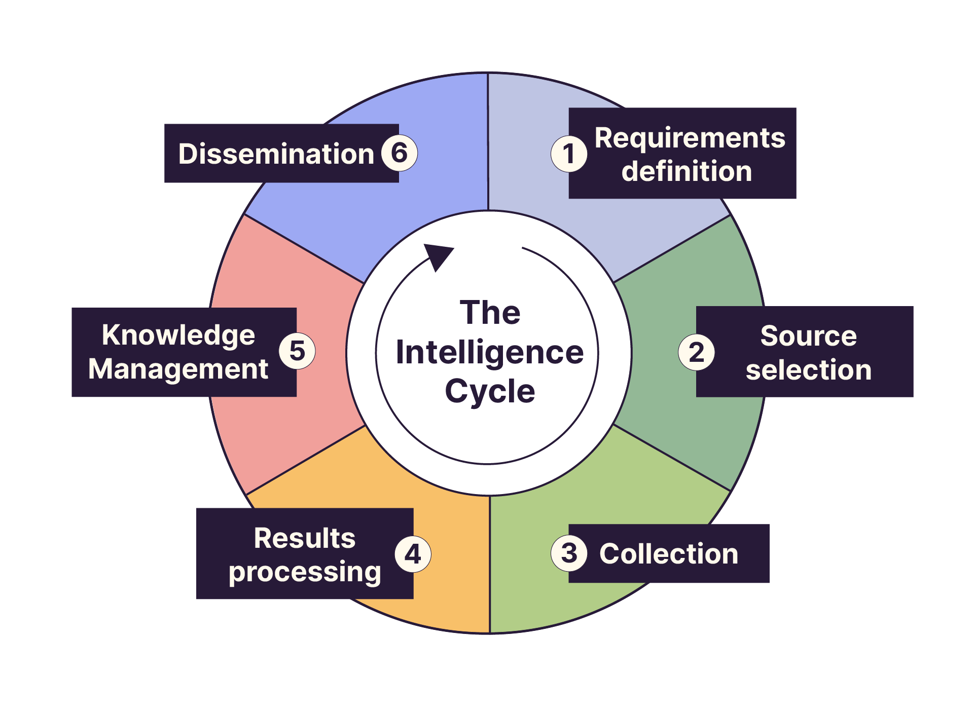 Monitoring is a cyclical process that goes through different stages: defining needs, sourcing or selecting information, collecting, processing results, capitalizing, and disseminating.