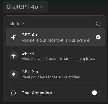 Capture d'écran du menu pour sélectionner ChatGPT 4