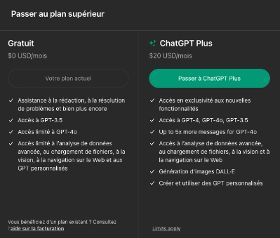 Capture d'écran sur les avantages de ChatGPT plus par rapport à la version gratuite