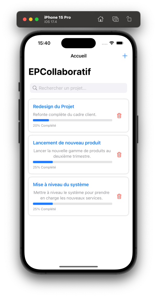 L'écran affiche une application de gestion de projets EPCollaboratif avec Redesign du projet, Lancement de nouveau produit, mise à niveau du système