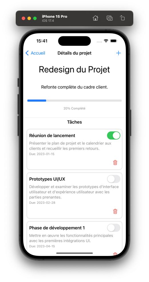 L'écran affiche les détails d'un projet nommé Redesign du projet avec une barre de progression, et des tâches assignés à ce projet