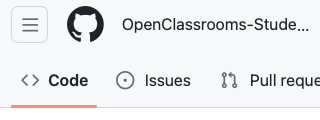 Capture d'écran de la page GitHub d'un projet d'OpenClassrooms. La barre de navigation supérieure affiche les onglets 'Code', 'Issues' et 'Pull requests'. L'icône de GitHub est visible en haut à gauche.