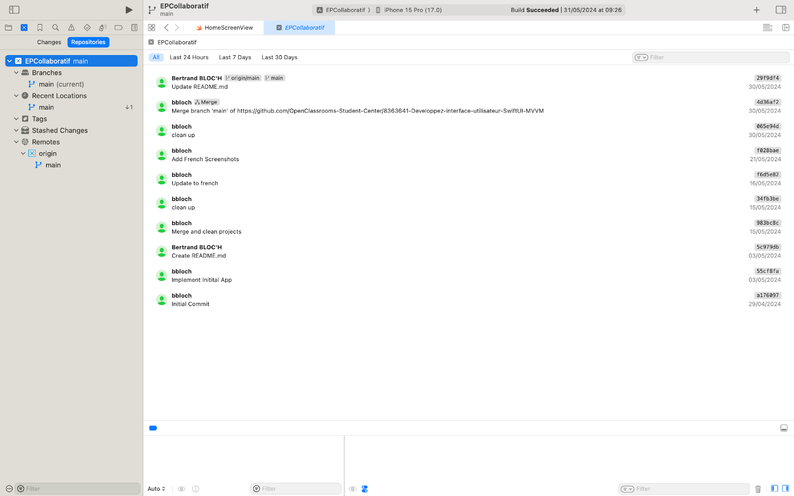 Interface du logiciel de gestion de versions Xcode montrant le projet 'EPCollaboratif' sur la branche 'main'. La liste des commits récents est affichée, avec des messages de commit comme 'Merge branch 'main'', 'Add French Screenshots' et 'Implement Init