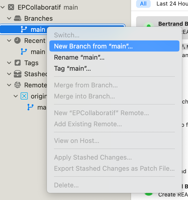 Interface de gestion de branches dans le logiciel de gestion de versions Xcode. La branche main est sélectionnée, et un menu contextuel affiche des options comme New Branch from main, Rename main, et Tag main.