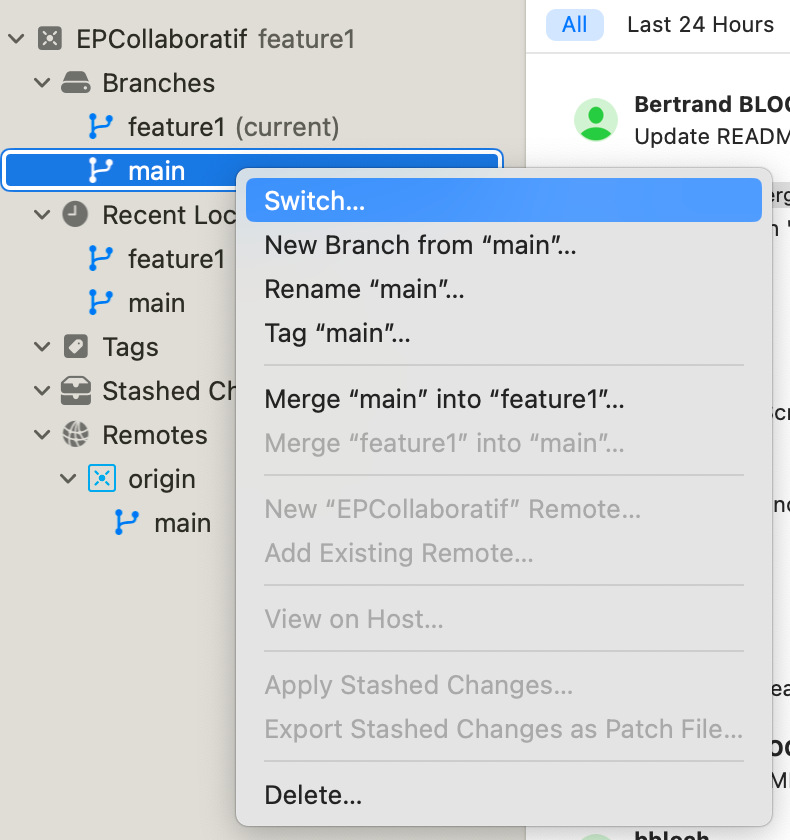 La branche 'feature1' est actuellement sélectionnée. Un menu contextuel pour la branche 'main' est ouvert, affichant des options comme 'Switch...'