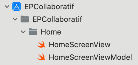 Capture d'écran montrant la structure des dossiers et fichiers dans le projet 'EPCollaboratif'. Le dossier racine 'EPCollaboratif' contient un sous-dossier 'Home', qui contient deux fichiers : 'HomeScreenView' et 'HomeScreenViewModel'.