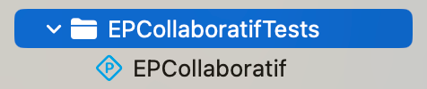 Capture d'écran de l'interface de tests du projet 'EPCollaboratif' avec des tests réussis et des informations sur la couverture du code à 43 %. La section 'Tests' affiche des tests comme 'testExample()' et 'testPerformanceExample()' réussis.