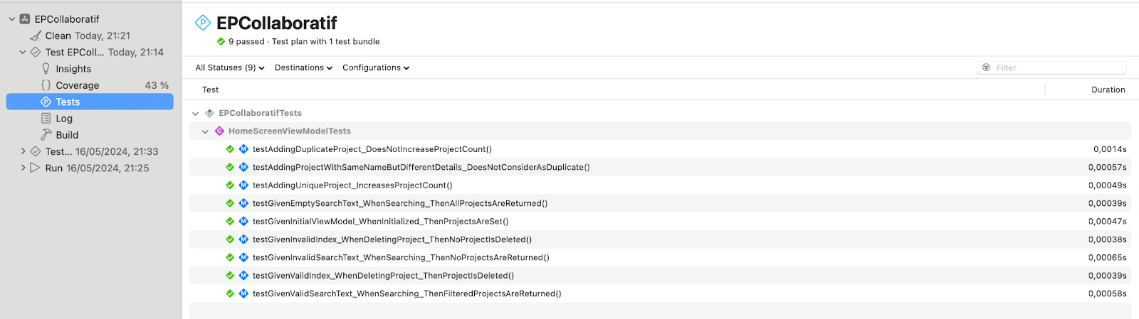 Interface de tests du projet 'EPCollaboratif'. La couverture du code est de 43 %. La section 'Tests' affiche les résultats des tests sous 'EPCollaboratifTests' et 'HomeScreenViewModelTests', comme 'testAddingDuplicateProject_DoesNotIncreaseProjectCount()