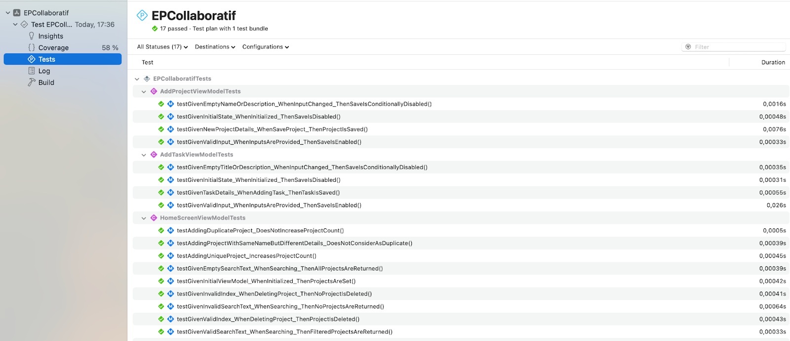 Écran de tests dans Xcode montrant des résultats réussis pour 17 tests sous AddProjectViewModelTests, AddTaskViewModelTests et HomeScreenViewModelTests, avec les durées d'exécution affichées.