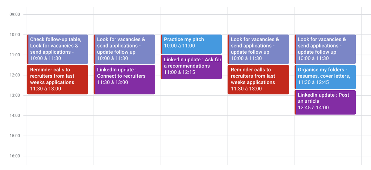 A week's calendar with events scheduled