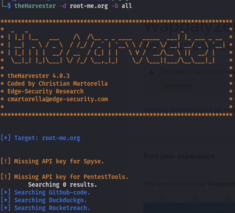 Start of theHarvester console output for the root-me.org domain