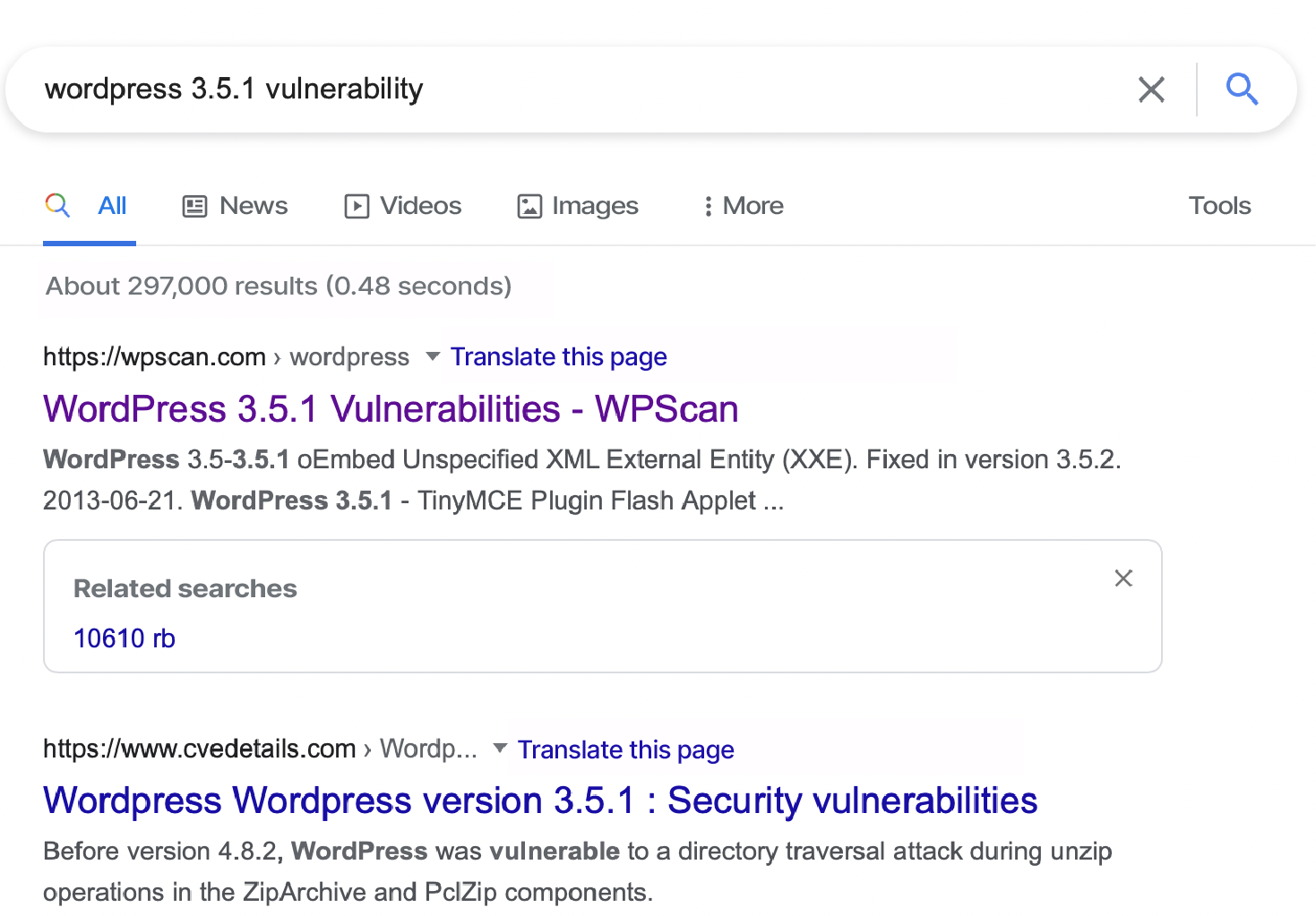 Google search for vulnerabilities in WordPress 3.5.1