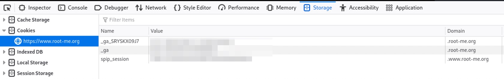 Root Me cookies viewed using Firefox’s developer console