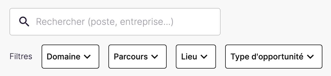 Les filtres pour trouver une offre selon le domaine, le parcours de formation, le lieu, le type d'opportunité