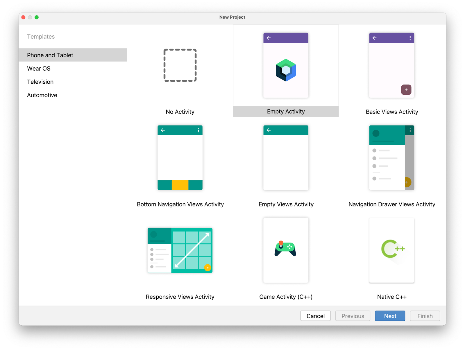 Capture d'écran de la fenêtre New Project dans Android Studio. La fenêtre affiche divers modèles de projets sous la catégorie Phone and Tablet. Les modèles présents sont No Activity, Empty Activity, Basic Views Activity, ...