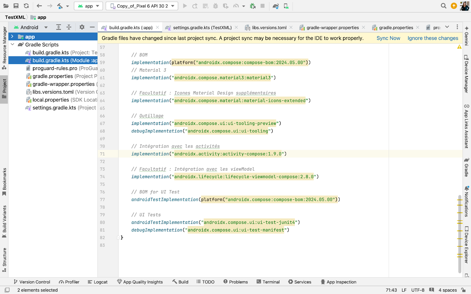 Capture d'écran de l'éditeur de code d'un IDE. L'onglet actif affiche le fichier build.gradle.kts (Module : app) avec plusieurs implémentations de bibliothèques et de dépendances pour un projet Android. Le bouton Sync Now se trouve en haut à gauche.