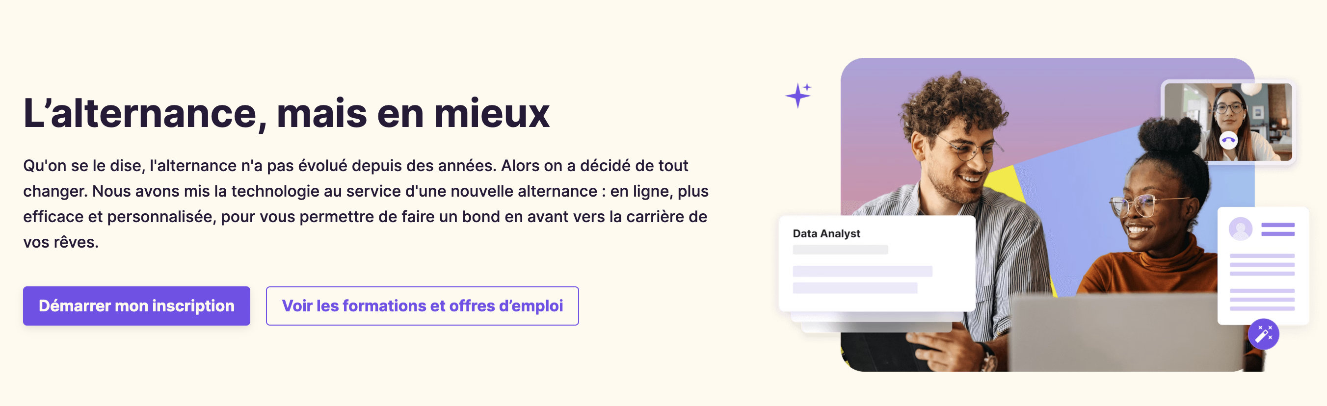 Capture d'écran du bandeau d'en-tête de la page qui fait la promotion de l'alternance chez OpenClassrooms.