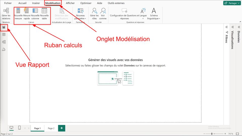 Position de l'onglet modélisation en haut, du ruban calculs en haut à gauche et de la vue rapport sur le côté gauche