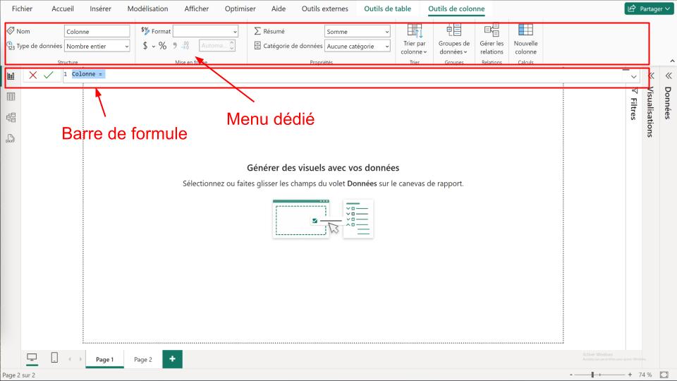 Position du menu dédié tout en haut et de la barre de formule en haut juste en dessous du menu précédent