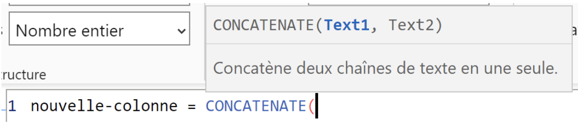 Saisie des arguments de la fonction CONCATENATE pour la nouvelle colonne