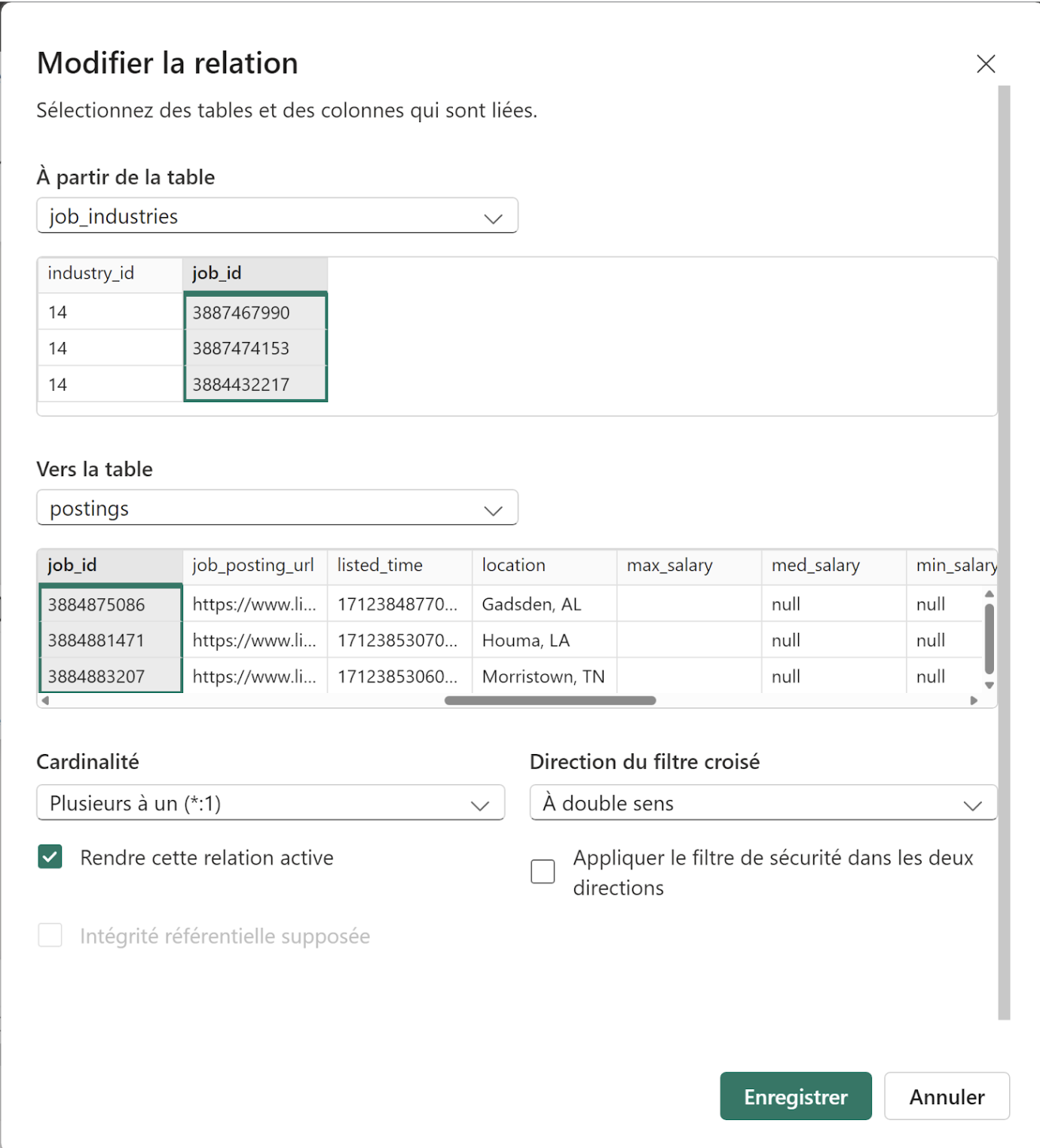 Fenêtre de modification de la relation entre les tables avec un premier champs