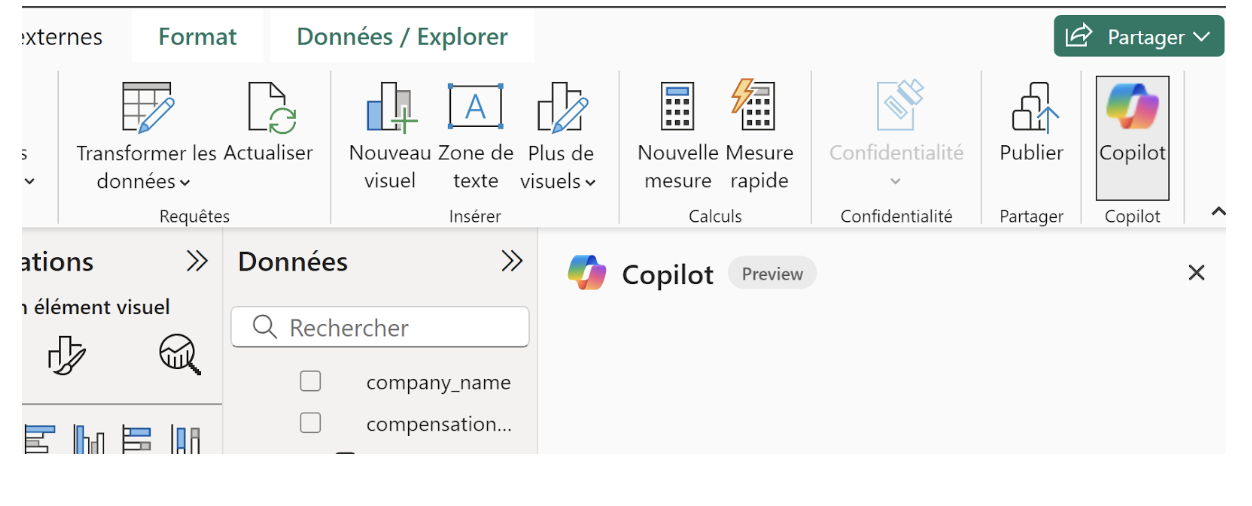 Boîte de dialogue Copilot accessible par le volet supérieur avec l'icône Copilot positionnée en haut à droite