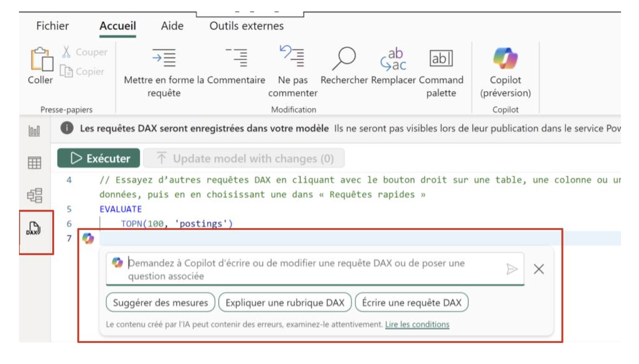 Fenêtre de demande de création ou de modification de requête DAX par Copilot accessible par le volet latéral gauche en l'icône en bas à gauche