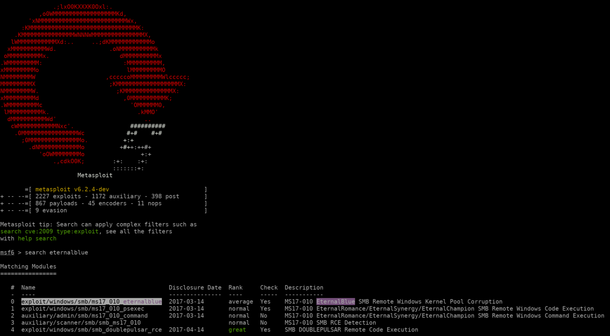 Screen shot of  Metasploit to Exploit MS17-010