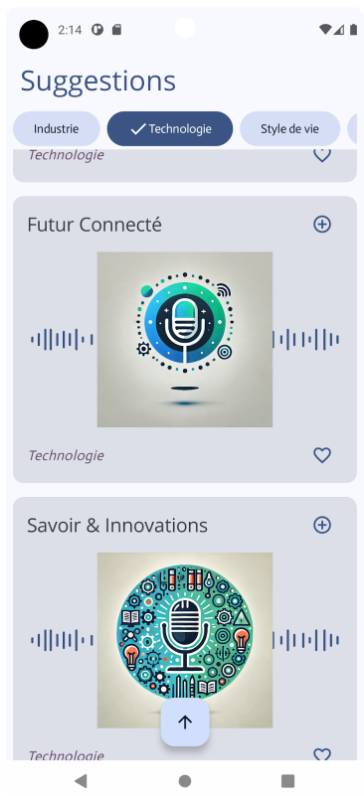 Écran affichant la liste des suggestions pour la catégorie technologie : Futur connecté, Savoir et Innovations