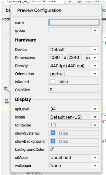 La fenêtre comprend des paramètres tels que le nom et le groupe, ainsi que des sections pour le matériel et l'affichage. Les options matérielles incluent l'appareil (Default), les dimensions (1080 x 2340 px), la densité (440 dpi), l'orientation (port