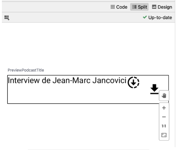 Capture d'écran d'un composant PreviewPodcastItem affichant le titre Interview de Jean-Marc Jancovici avec deux icônes de téléchargement. La première icône indique un téléchargement en cours, représentée par une flèche entourée d'un cercle