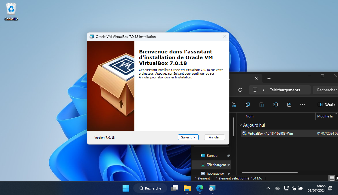 Une capture d'écran de la fenêtre accueil lors de l'installation de VirtualBox