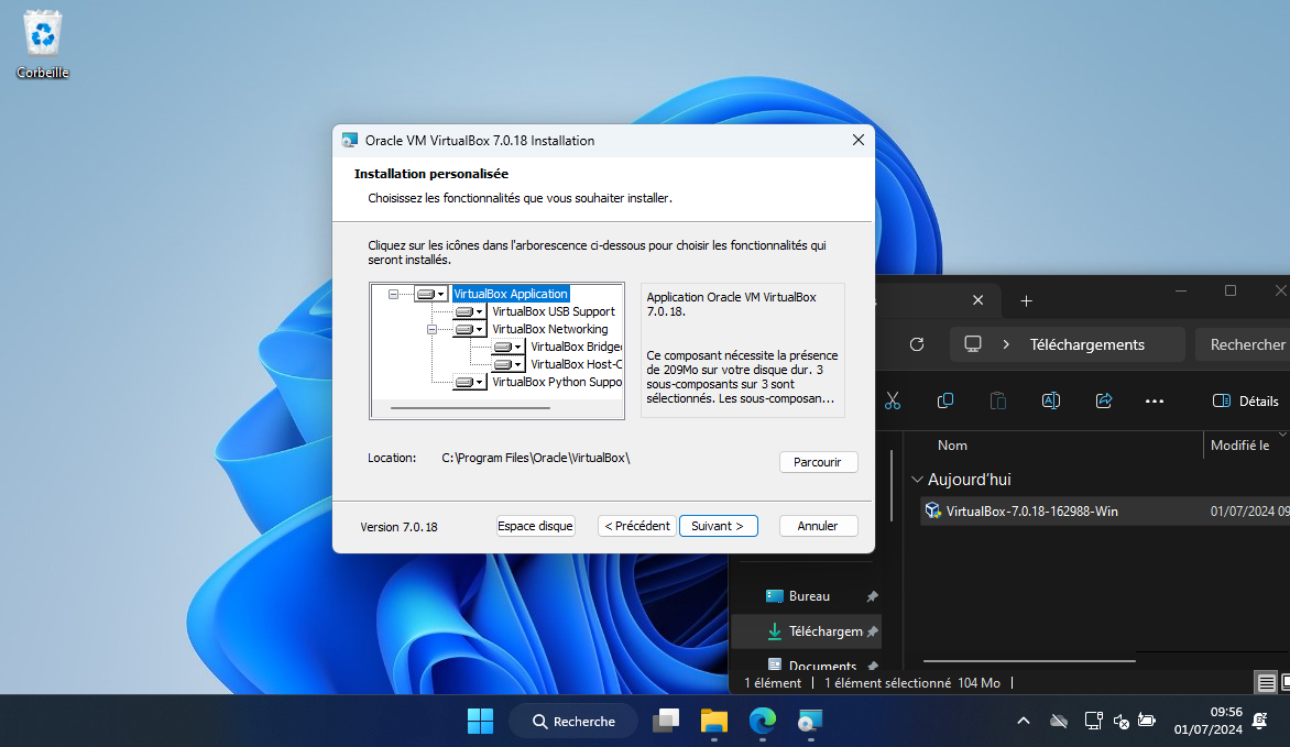 Une capture d'écran de la fenêtre qui permet de choisir l'installation personnalisée de VirtualBox