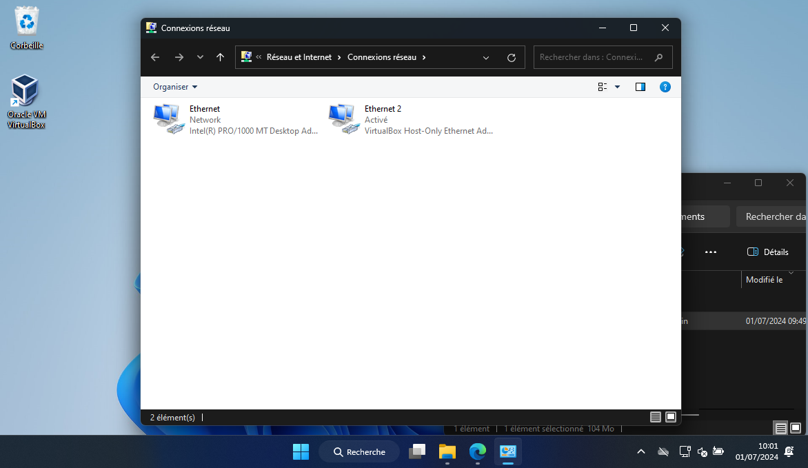 Une capture d'écran de la fenêtre qui montre les connexions réseau, dans ce cas il s'agit des ethernet 1 et 2
