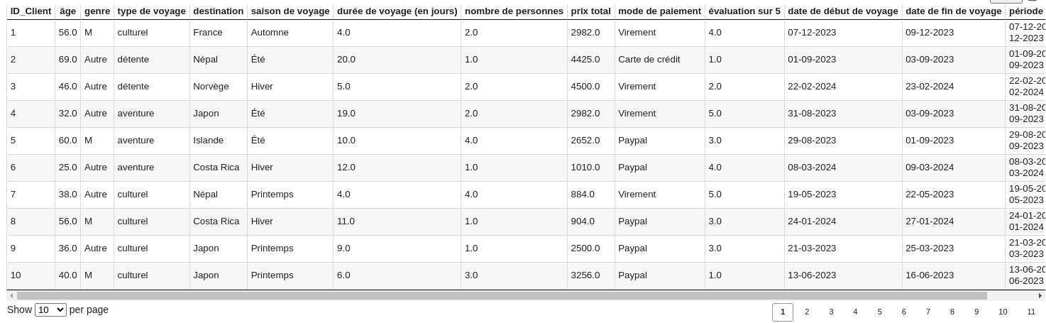 La base de données contient de nombreuses colonnes et lignes.