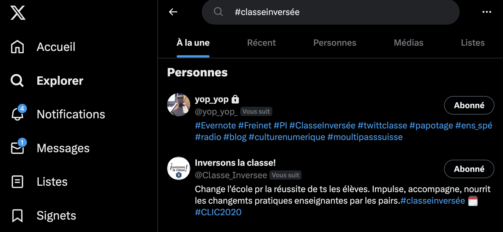 Sur cette capture d'écran d'une recherche sur X, on demande dans la barre de recherche le hashtag classe inversée ce qui fait remonter les publications qui contiennent ce hashtag.